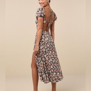 Lulus Meadow Muse Black Floral Midi Dress Sz M